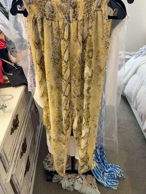 Enza Costa Yellow Snake-Print Straight Leg Pants